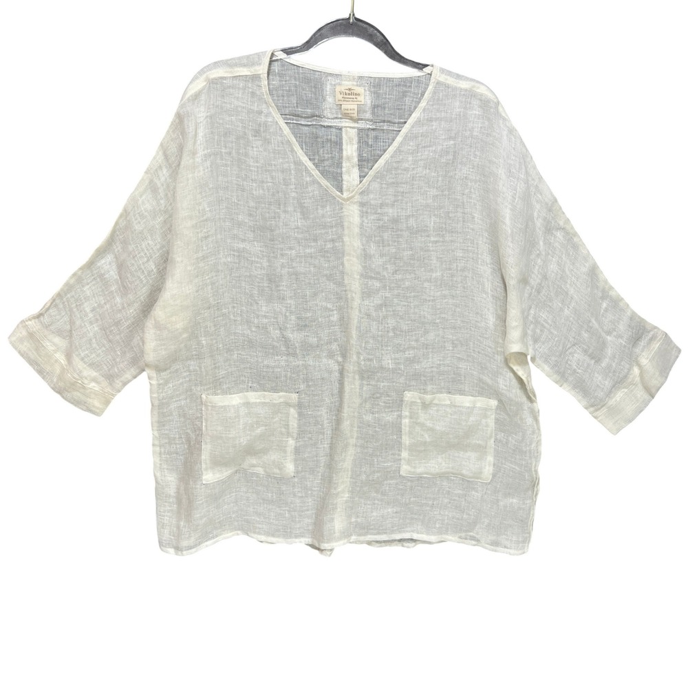 Vikolino White 100% European Washed Linen Tunic Top OS Beach Cover Up Coastal
